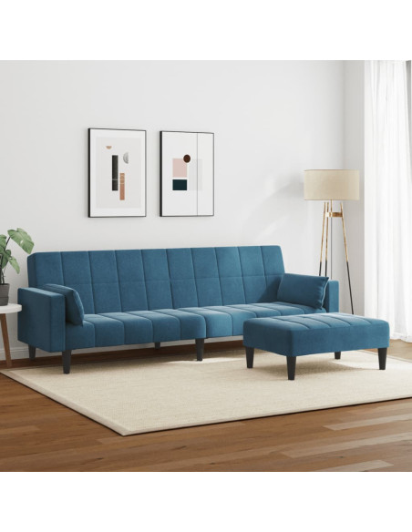 Divano Letto 2 Posti con Poggiapiedi Blu in Velluto