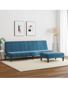 Divano Letto 2 Posti con Poggiapiedi Blu in Velluto 2