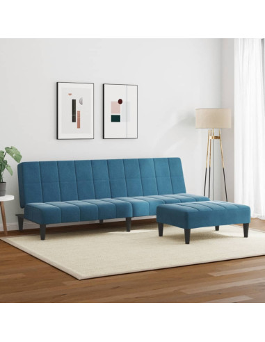 Divano Letto 2 Posti con Poggiapiedi Blu in Velluto