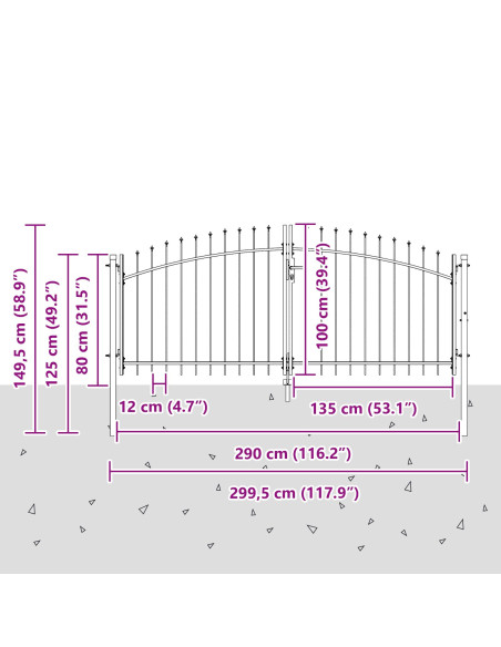 Cancello da giardino con punta a lancia a battente doppio grigio 100x300 cm in acciaio