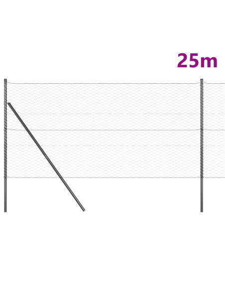 Recinzione Esagonale con 13 Pali Grigio 1x25 m Acciaio Zincato