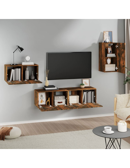 Set di Mobili Porta TV 4 pz Rovere Fumo in Legno Multistrato