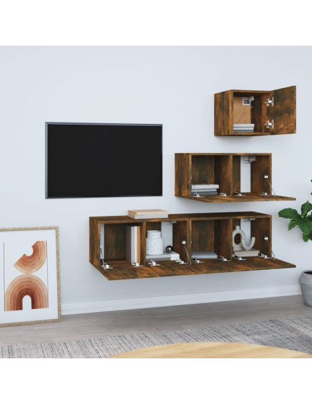 Set di Mobili Porta TV 4 pz Rovere Fumo in Legno Multistrato