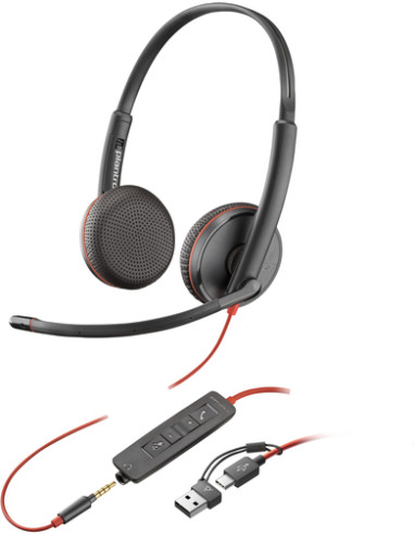 POLY Cuffie stereo Blackwire 3225 con connettore USB-C + spina da 3,5 mm + adattatore USB-C/A