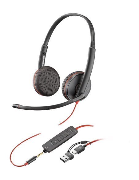 POLY Cuffie stereo Blackwire 3225 con connettore USB-C + spina da 3,5 mm + adattatore USB-C/A