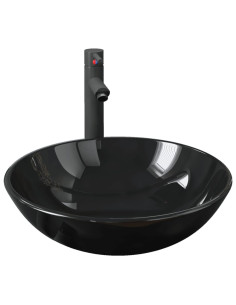 Lavandino Bagno con Rubinetto e Piletta in Vetro Temperato Nero