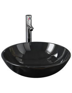 Lavandino Bagno con Rubinetto e Piletta in Vetro Temperato Nero