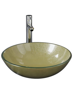 Lavandino Rubinetto e Piletta a Pressione Vetro Temperato Oro