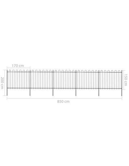 Recinzione Giardino con Punta Tonda in Acciaio 8,5x1,5 m Nera