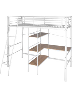 Letto Rialzato con Scrivania Bianco e Marrone Metallo 90x200 cm