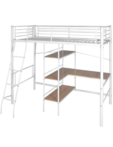Letto Rialzato con Scrivania Bianco e Marrone Metallo 90x200 cm