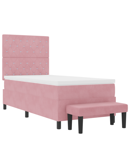 Letto a Box Spring con Materasso e Panca Rosa 100x200 cm in Velluto