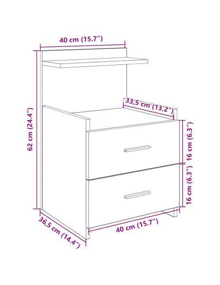 Comodino con 2 cassetti in rovere marrone 40x36,5x62 cm