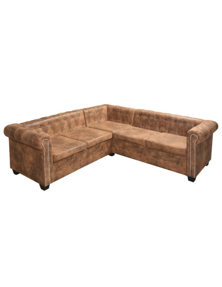 Divano angolare Chesterfield 5 posti marrone in similpelle