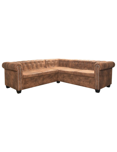 Divano angolare Chesterfield 5 posti marrone in similpelle