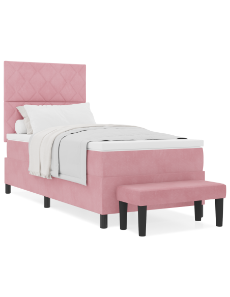 Letto Box Spring con Materasso e Panchina Rosa 100x200 cm Velluto