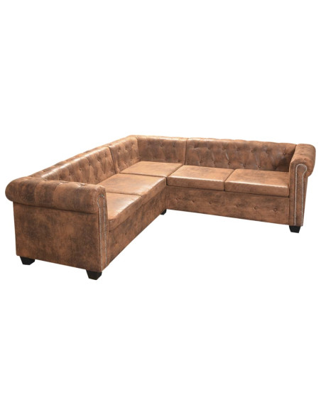 Divano angolare Chesterfield 5 posti marrone in similpelle