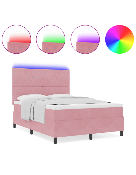 Letto a Molle con Materasso e LED Rosa 140x200 cm Velluto
