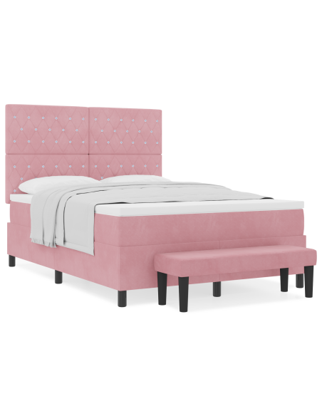 Letto Box Spring e Materasso & Panca Rosa 140x200 cm Velluto
