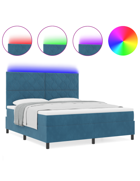 Letto con Box Spring e Materasso & LED Blu Scuro 180x200 cm Velluto