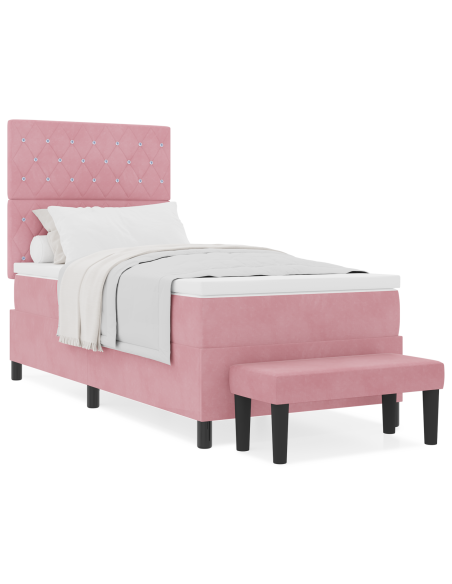 Letto a Box Spring con Materasso e Panca Rosa 100x200 cm in Velluto
