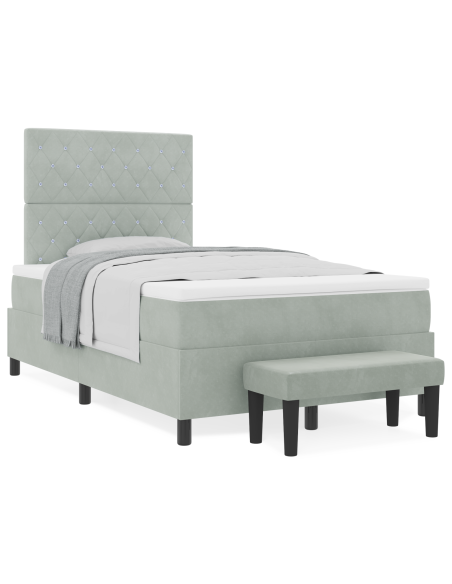 Letto con Box Spring e Materasso & Panca Grigio Chiaro 120x190 cm Velluto