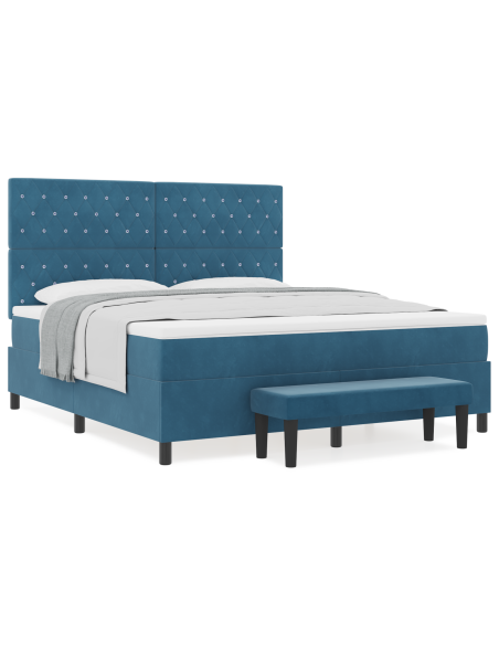 Letto Box Spring con Materasso & Panchina Blu Scuro 180x200 cm Velluto