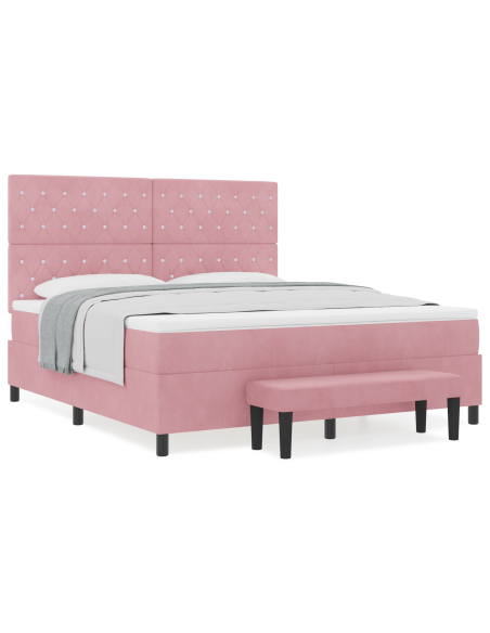 Letto a molle con materasso e panca rosa 180x200 cm velluto