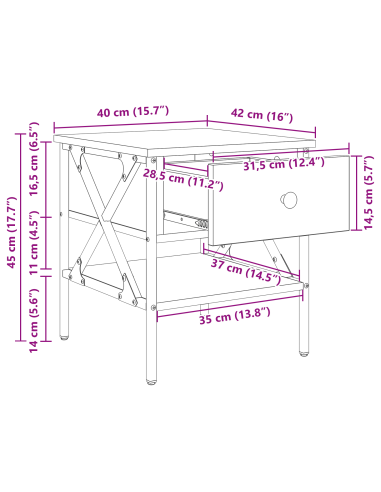 Comodino con cassetto 2 pcs rovere artigianale 40 x 42 x 45 cm