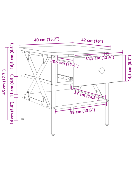 Comodino con cassetto 2 pcs rovere artigianale 40 x 42 x 45 cm