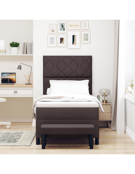 Letto con Box Spring e Panchina Marrone Scuro 100x200 cm in Tessuto