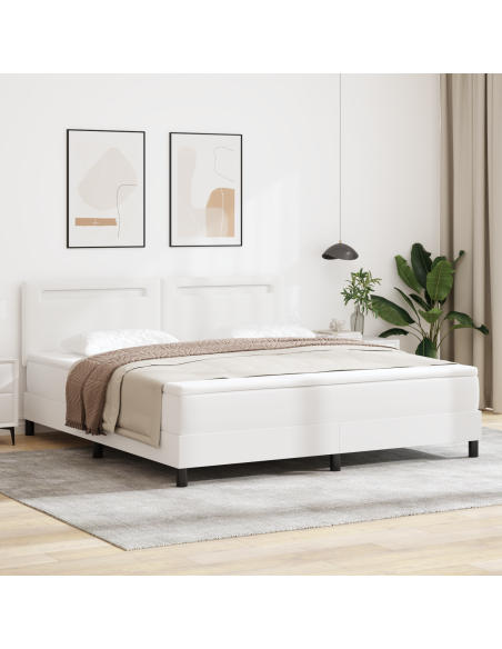 Letto box spring  con materasso bianco super king in finta pelle, Testiera semplice in bianco puro 180 cm in finta pelle