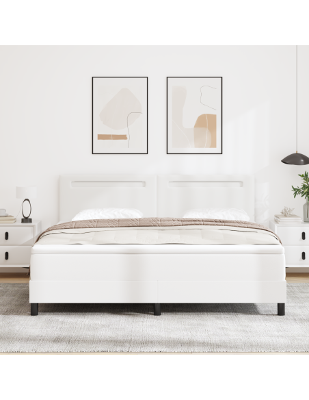 Letto box spring  con materasso bianco super king in finta pelle, Testiera semplice in bianco puro 180 cm in finta pelle