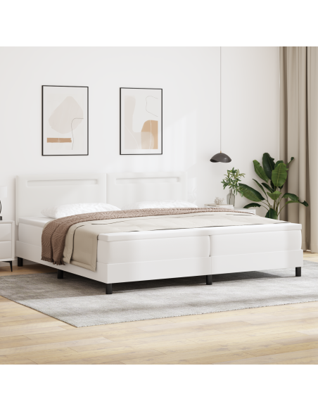 Letto Box Spring  con Materasso Bianco 200x200 cm in Pelle Sintetica, Testiera  Design Semplice Bianco 200 cm in Pelle Sintetica