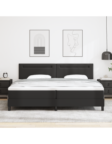 Letto con rete a molle e materasso nero 200x200 cm in similpelle, Testiera similpelle nera con design semplice 200 cm