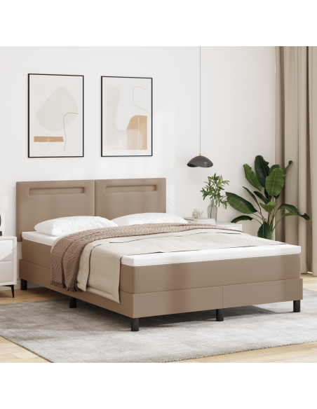 Letto a Molle Box  con Materasso Cappuccino 140x200 cm in Ecopelle, Testiera Lisa Design Cappuccino 140 cm in Ecopelle