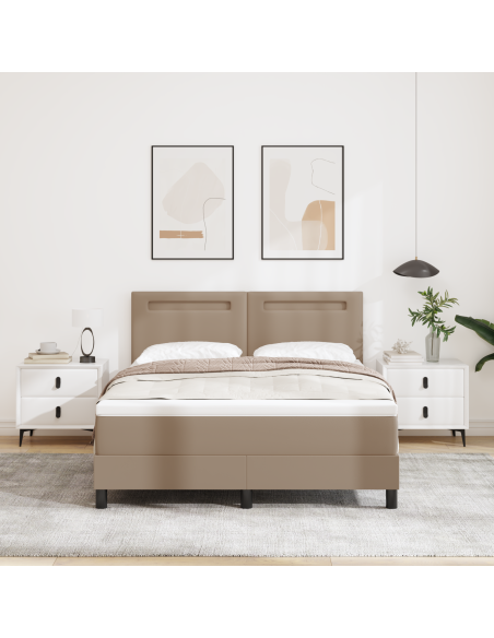 Letto a Molle Box  con Materasso Cappuccino 140x200 cm in Ecopelle, Testiera Lisa Design Cappuccino 140 cm in Ecopelle