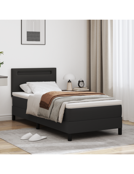 Letto Box Spring con Materasso Nero 90x200 cm in Pelle Sintetica, Testiera Semplice Nero 90 cm in Pelle Sintetica