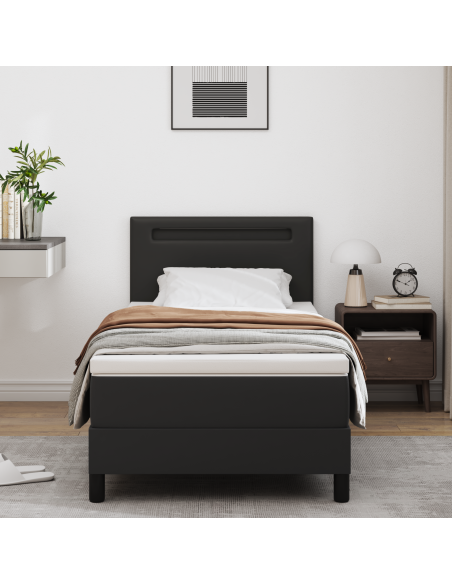 Letto Box Spring con Materasso Nero 90x200 cm in Pelle Sintetica, Testiera Semplice Nero 90 cm in Pelle Sintetica