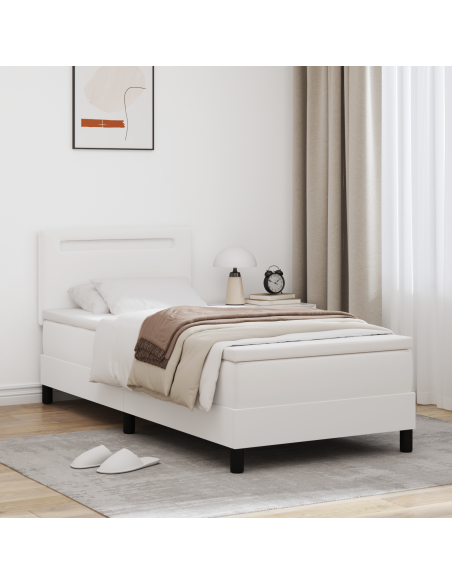 Letto Box Spring con Materasso Bianco 100x200 cm Finta Pelle, Testiera Design Semplice Bianco Puro 100 cm Finta Pelle