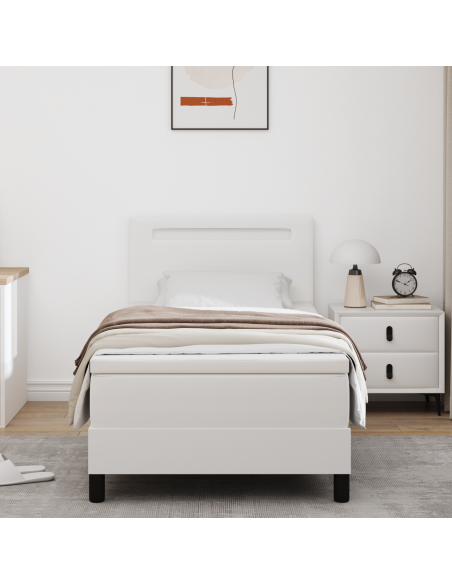 Letto Box Spring con Materasso Bianco 100x200 cm Finta Pelle, Testiera Design Semplice Bianco Puro 100 cm Finta Pelle