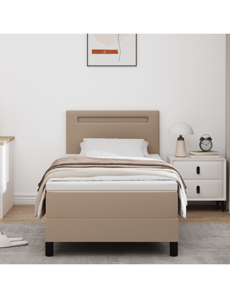 Letto a Molle Box  con Materasso Cappuccino 100x200 cm Pelle Sintetica, Testiera Design Semplice  Cappuccino 100 cm Pelle Sintet