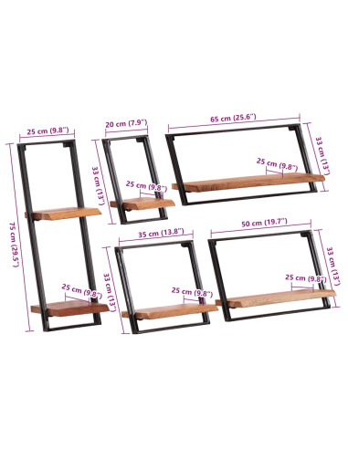 Mensole da Parete 5 pz in Legno Massello di Acacia
