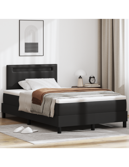 Letto a Molle  con Materasso Nero Matrimoniale Piccolo in Ecopelle, Testiera  Design Piani Nera 100 cm in Ecopelle