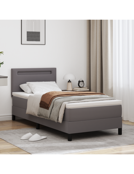 Divano con rete e materasso grigio 100x200 cm in ecopelle, Testiera semplice grigia 100 cm in ecopelle