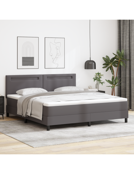 Letto a Molle  con Materasso Grigio Super King in Ecopelle, Testiera  Design Semplice Grigio 180 cm in Ecopelle