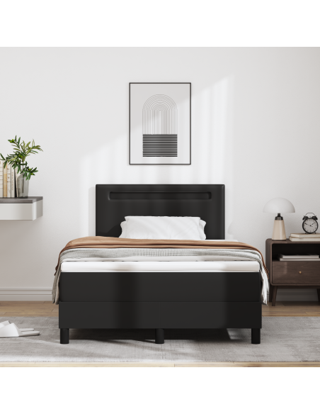 Letto a Molle  con Materasso Nero Matrimoniale Piccolo in Ecopelle, Testiera  Design Piani Nera 100 cm in Ecopelle