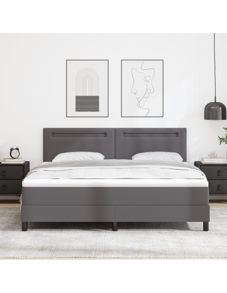 Letto a Molle  con Materasso Grigio Super King in Ecopelle, Testiera  Design Semplice Grigio 180 cm in Ecopelle