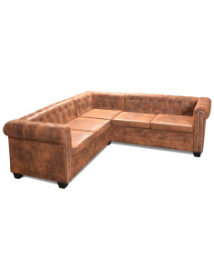Divano Chersterfield ad Angolo 5 Posti in Similpelle Marrone 2