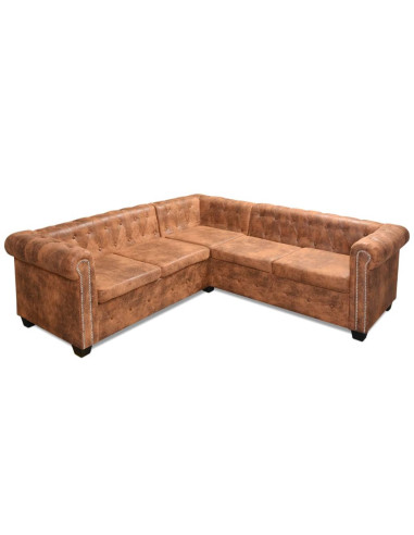 Divano Chersterfield ad Angolo 5 Posti in Similpelle Marrone